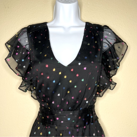 ANTHROPOLOGIE / ALI & JAY Black Ruffle Mini Metallic Polka Dot Dress - Sz S - Picture 5 of 14